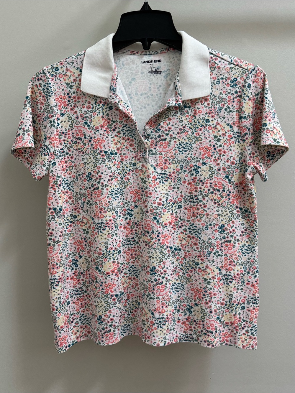 Lands' End Floral Short Sleeve Polo Shirt - Petite Medium M/P